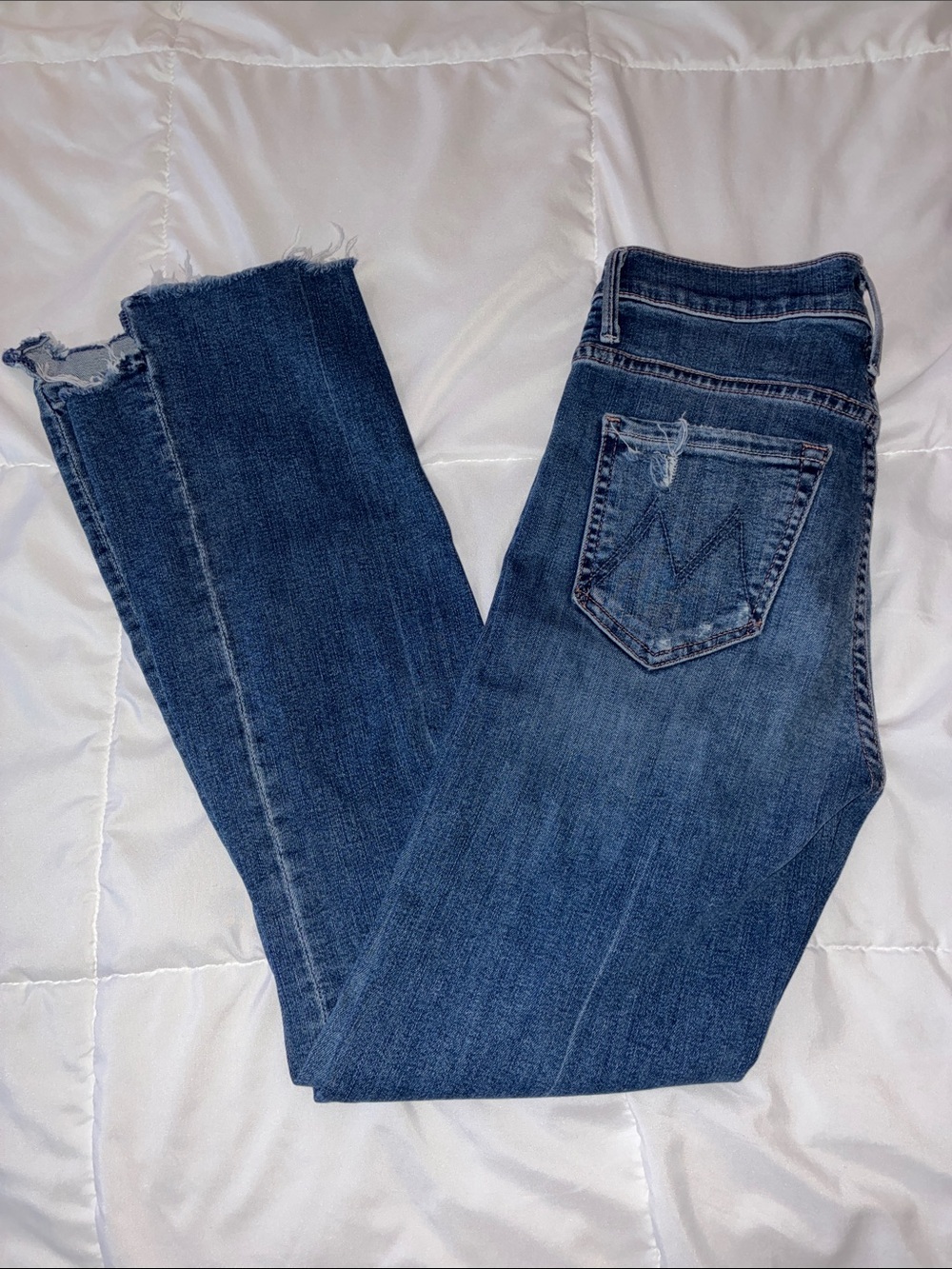 MOTHER Dark Indigo Skinny Jeans with Raw Hem